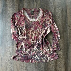 Y2K Jane Ashley Paisley Mesh Top Sheer Boho Festival Long Sleeve Size L